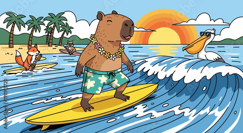 Capybara Riding Surfboard in Ocean Waves.