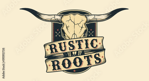 Vintage Longhorn Skull Rustic Roots Logo Design.