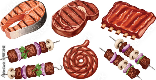 Grilled meat and barbecue set. Juicy steak, salmon slice, ribs and skewers with vegetables. Realistic BBQ food illustrations isolated for restaurant menu and grill design.