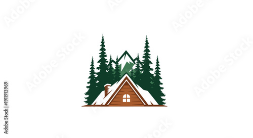 Cabin House Illustration with Snowy Roof Trees.