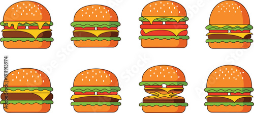 Flat burger icon collection set. Minimal fast food hamburger variations with cheese, lettuce and tomato layers. Simple cartoon sandwich illustrations isolated for menu and app design.