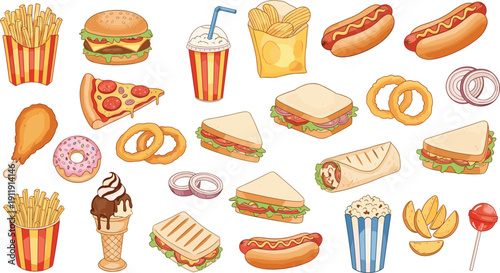 Cartoon fast food collection. Hand drawn junk food set with burger, pizza, fries, hot dog and sandwich. Cute snack illustrations isolated for menu design.