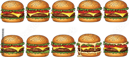 Cartoon burger collection set. Hand drawn cheeseburger variations with lettuce, tomato and melting cheese. Fast food hamburger icons isolated for menu and branding design.