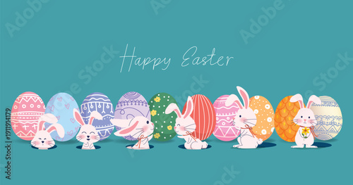 Happy Easter day background. Cute of lovely rabbit,easter eggs, bunny, floral decoration for banner, greeting, webs and social media use.