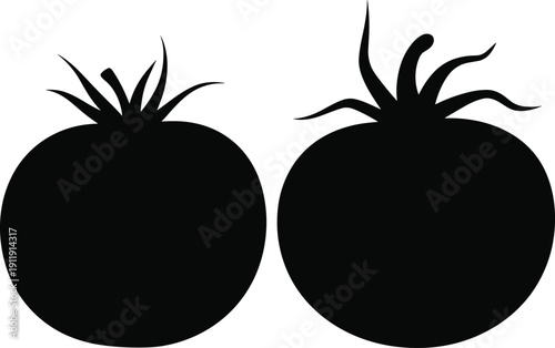 Black silhouettes of two tomatoes side by side with distinct leaf patterns, isolated on white background, ideal for agriculture, food, and botanical concepts.