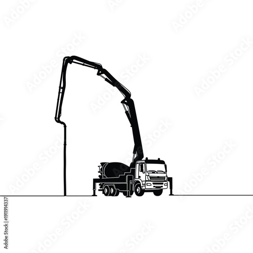 Concrete mixer truck with pump arm extended for pouring.
