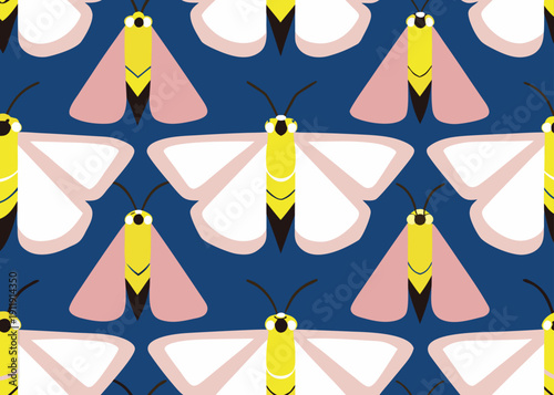 Seamless pattern of stylized moths with yellow bodies and pink wings on blue background.