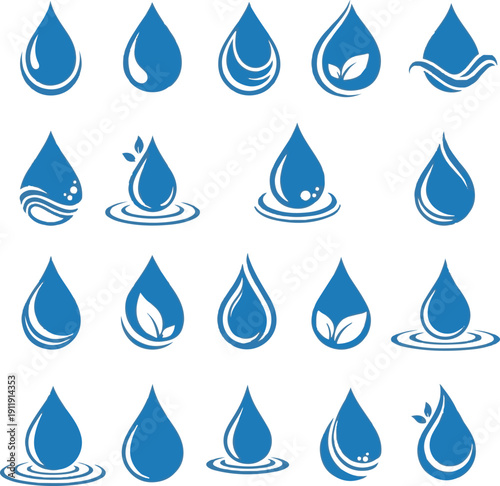 Collection of blue water droplet icons with leaves and ripples