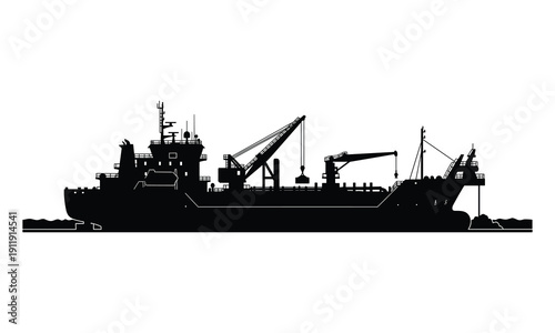 Cargo ship with cranes and containers at sea.
