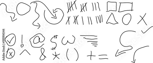 Essential Black Hand-Drawn Doodle Kit: Arrows, Geometric Shapes, and Common Symbols Vector Illustration.