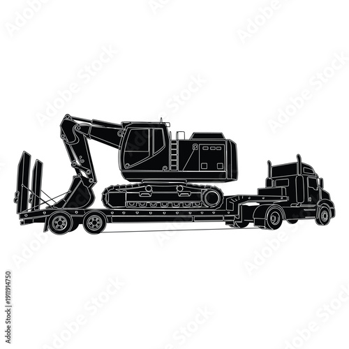 Heavy duty excavator loaded onto a long trailer for transport.
