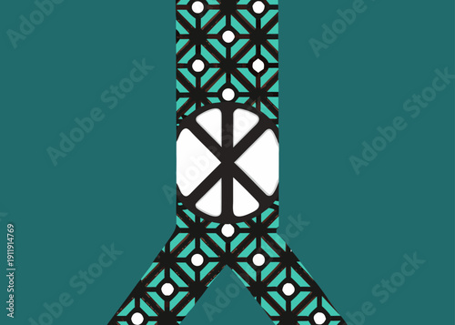 A teal graphic design featuring a geometric patterned column with a central circular symbol.