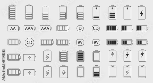 Battery Icons Set with Various Charge Levels.