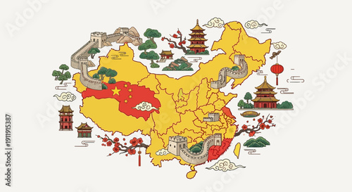 China Map Illustration with Landmarks and Icons.