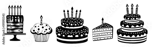 Collection of black and white birthday dessert illustrations including tiered cakes, cupcake and cake slice with candles. Bold graphic silhouettes isolated on transparent background.