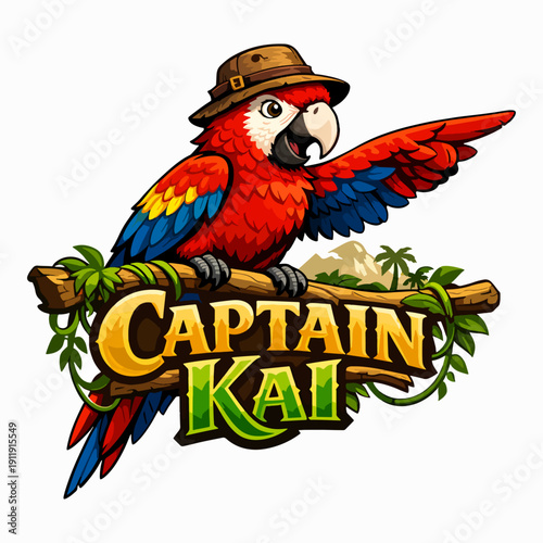 Vibrant Captain Kai design featuring a colorful parrot in an explorer hat, symbolizing freedom, adventure, travel, and tropical charisma through bright feathers and confident personality