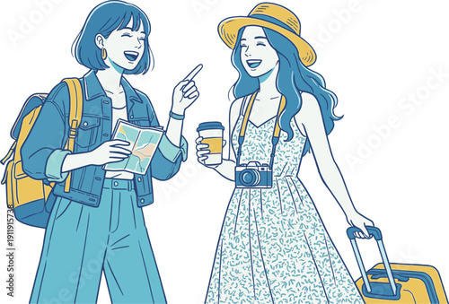地図を見ながら街歩きを楽しむ旅行中の女性二人 イラスト