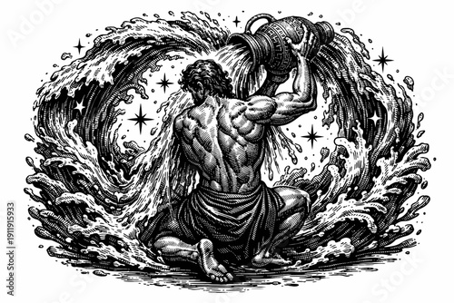 Aquarius Water Bearer Woodcut Engraving. Detailed Black and White Illustration of Mythological Male Figure Pouring Water from Amphora, Surrounded by Cosmic Waves.