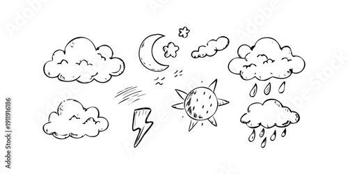 A collection of various weather icons depicting different atmospheric conditions and phenomena. Vector