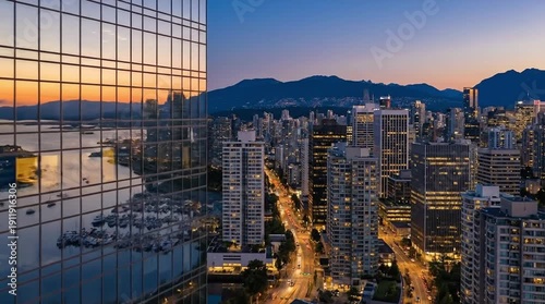 Modern City Skyline at Dusk with Glass Skyscraper Reflecting Sunset, Featuring Urban Lights, Waterfront, and Majestic Mountains in the Background