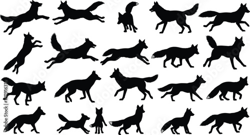 Collection of fox silhouettes in running and standing poses isolated on light background, wildlife vector illustration set representing forest animals, agility, movement and natural habitat themes
