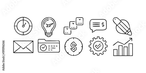 Set of icons representing various aspects of business and productivity Vector