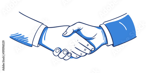 Two people shaking hands in a professional business setting with blue suits Vector