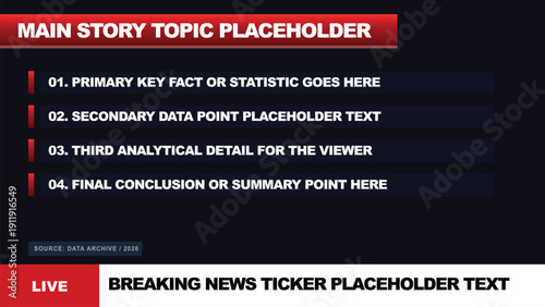 Vector news broadcast template with red topic bar, white numbered list, and live breaking news ticker on a dark charcoal background for presentation or website.