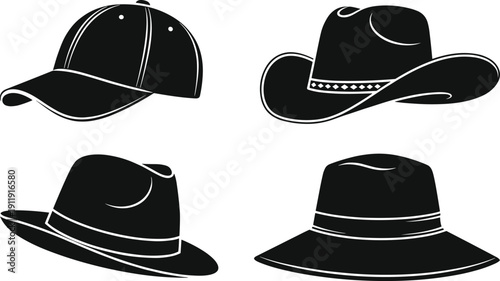 Collection of hat silhouettes including baseball cap, cowboy hat and wide brim styles isolated on light background, black vector fashion accessories set for apparel and style design