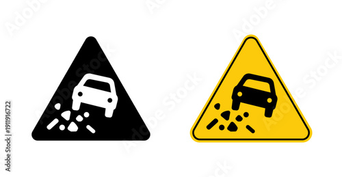 Road Sign Warning Falling Rocks Ahead with Car Line Icon
