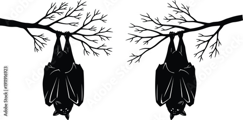 Spooky Halloween Bat Silhouette Set Featuring Two Black Bats Hanging Upside Down from Bare Tree Branches for Horror Party Decor, cad drawing flat vector illustration