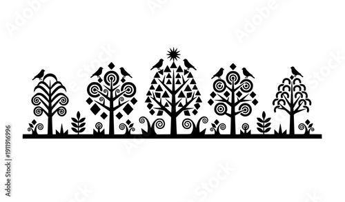 Abstract tree silhouette vector art with decorative canopy and birds