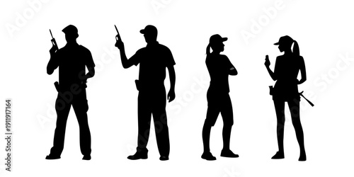Four silhouetted figures in various poses with guns and handcuffs Vector