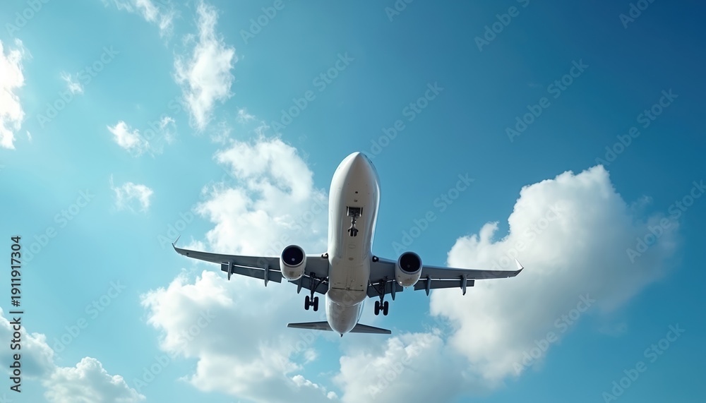 Obraz premium Large passenger jet flies through cloudy blue sky from below. Aircraft descends, travel journey concept, bright day, clear weather. Tourism, vacation, transport idea.