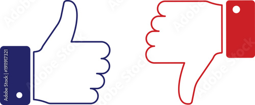 Blue thumbs up and red thumbs down symbols side by side on white background