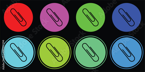 Eight colorful circles with black paperclips inside on black background purple green