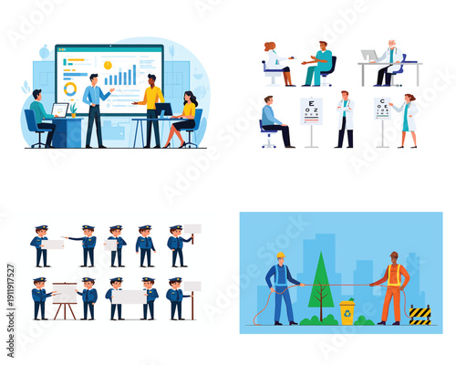Vector illustrations of diverse professional scenes including business presentations, medical consultations, and urban maintenance work