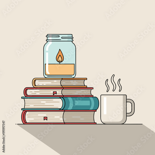 Flat illustration of a stack of books with a burning candle in a glass jar and a steaming mug of coffee on a wooden table