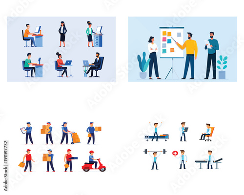 Collection of diverse professional vector characters engaged in various work activities, including office, medical, and delivery services, in a flat design style