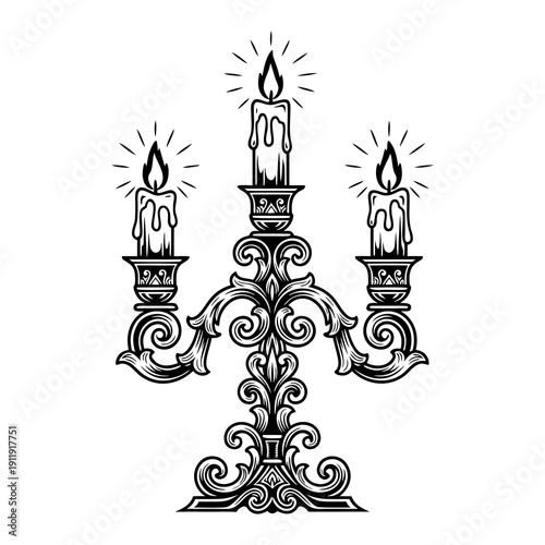 Highly detailed black and white ornate candelabra illustration with burning