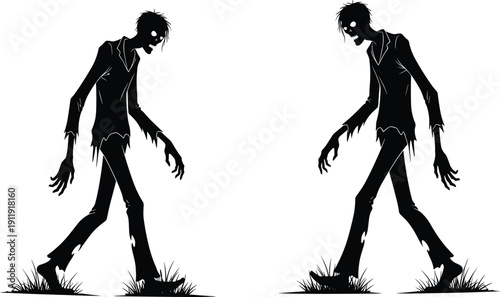 Large collection of black and white zombie silhouettes featuring undead monsters with glowing eyes walking through grass isolated on white background for horror design.