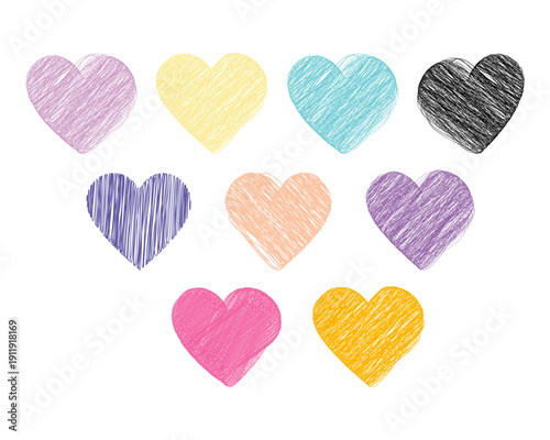 Hand drawn pencil Multicolor Hearts St Valentine Day Big Set Minimalistic Flat Design element idea. Isolated Vector illustration Sticker Icon Love Related content Greeting Post Cards, leaflet, posts