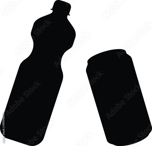 Two spray bottle silhouettes, one upright cylindrical and one tilted with trigger nozzle, isolated on white background, ideal for cleaning, household, and design concepts.