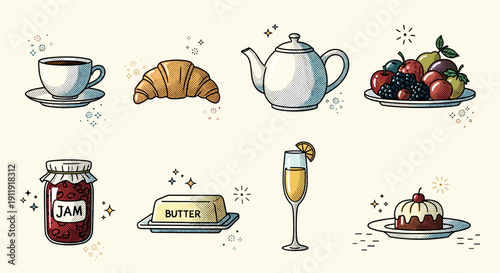 A collection of breakfast items including a croissant, jam, butter, teapot, fruit platter, and dessert in colorful flat vector style, perfect for culinary design and food-related projects