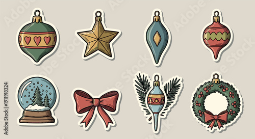 A collection of colorful Christmas ornaments including a star, wreath, snow globe, and decorative bows in a whimsical vector style, perfect for holiday-themed designs