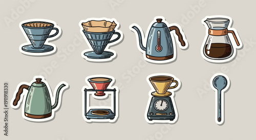 A collection of coffee brewing accessories including kettles, filters, and a scale in colorful vector style, perfect for cafe branding and coffee shop decor