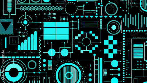 Abstract blueprint with geometric shapes and technological elements in cyan