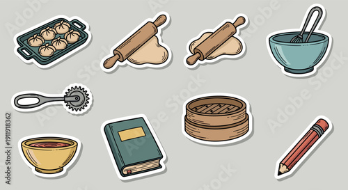 A collection of cooking and baking icons including dumplings, rolling pins, bowls, and utensils in colorful flat vector style, ideal for culinary projects and food-related branding