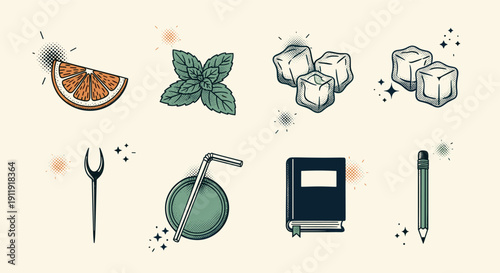 A collection of cocktail ingredients including orange slices, mint leaves, ice cubes, and drink accessories in flat modern vector style, perfect for beverage menus and summer events