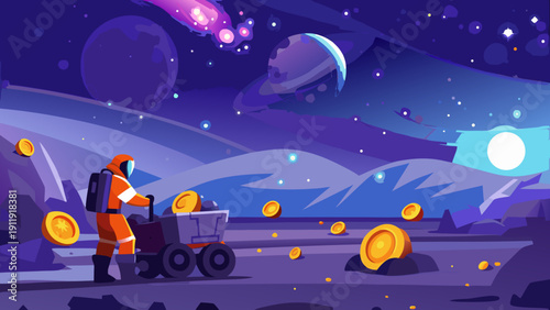 Astronaut exploring a colorful alien planet collecting golden coins